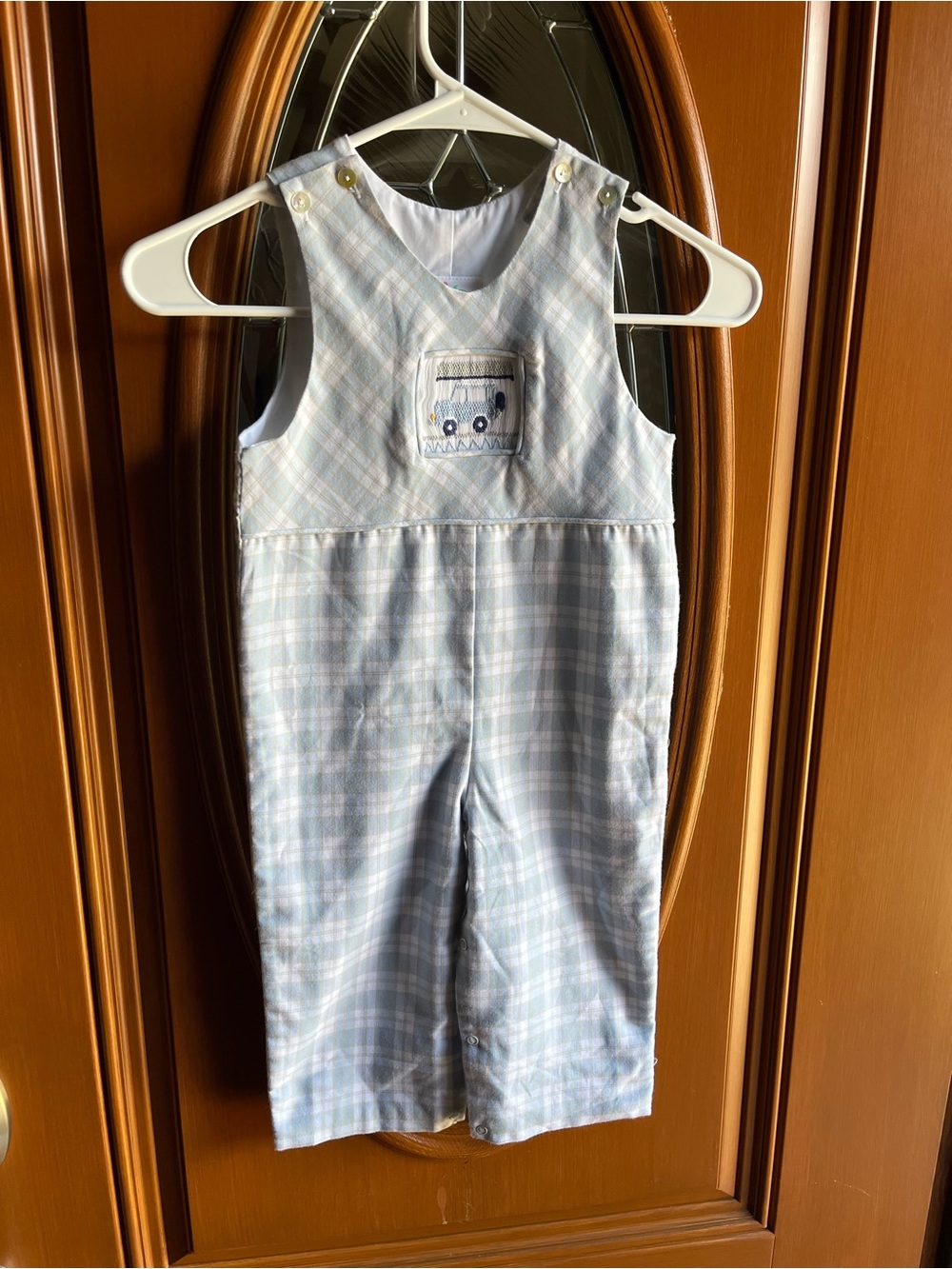 Shrimp & Grits Kids Light Blue Plaid Car One-Piece Romper Size 2T NWOT